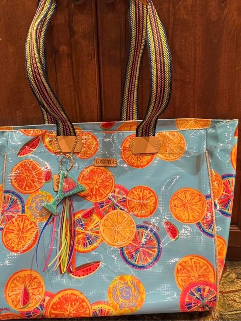 Consuela Blue Tote with Orange Citrus Print and Multicolor Striped Handles